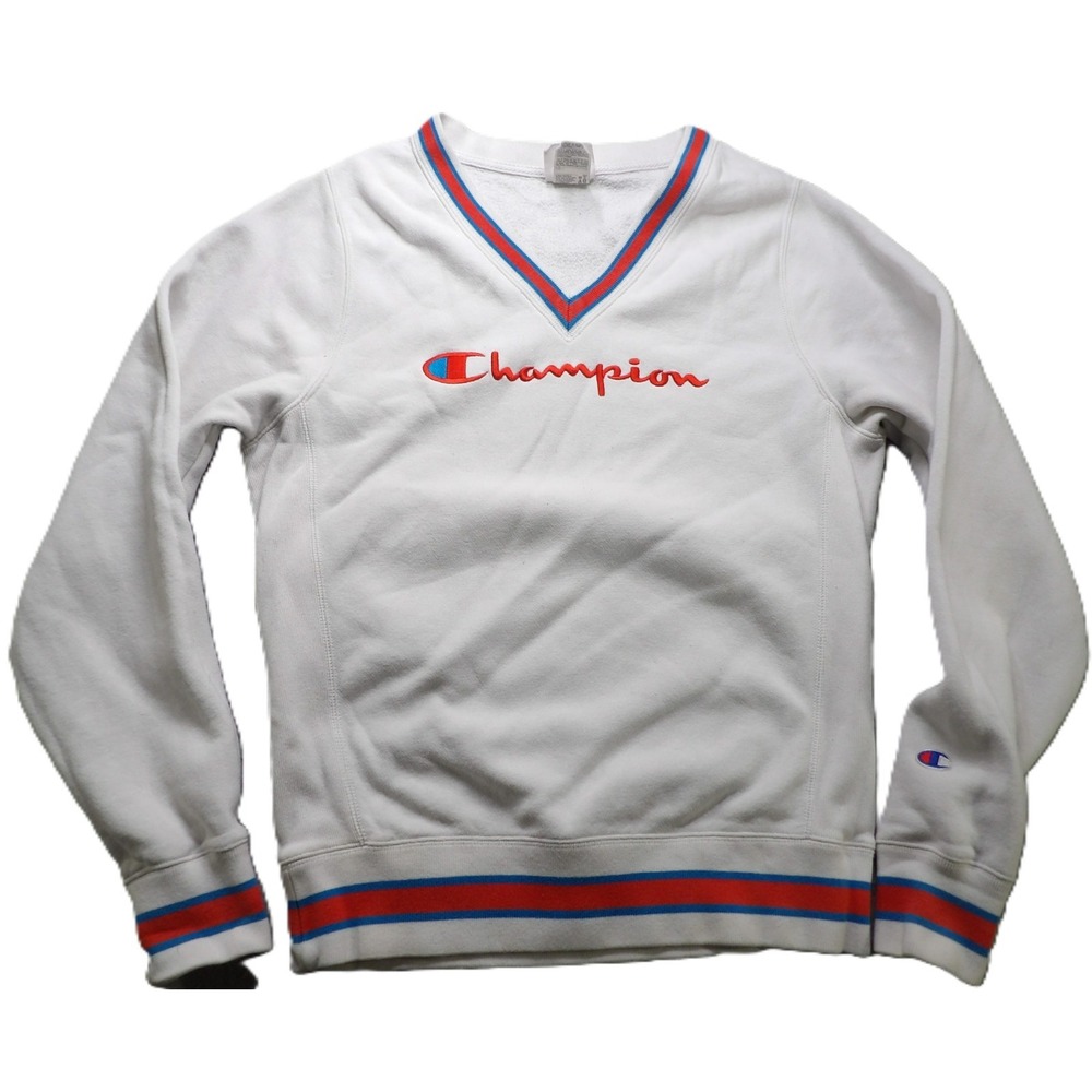 Champion Heritage V Neck Sweatshirt Men S White Red Blue Logo Striped Pullover